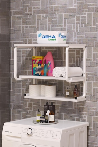 Üç Katlı Klozet Üstü Düzenleyici  Çamaşır Makinesi Duvar Rafı Ban Beyaz