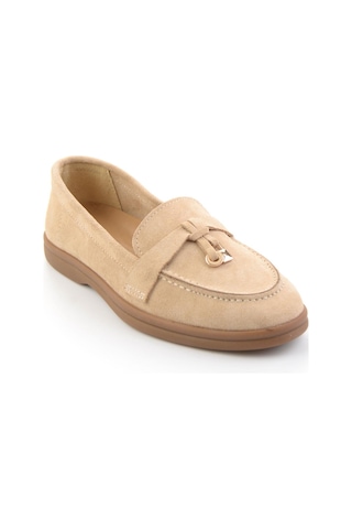 Bambi Bej Hakiki Deri Kadın Loafer Ayakkabı K01045035802 Bej