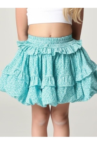 Kız Çocuk Çiçek Desenli Balon Etek-15849 Yeşil