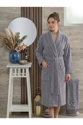 Premium 2'li Aile Bornoz Seti Çeyizlik Pamuklu Hediyelik Banyo Takımı L/xl Antrasit