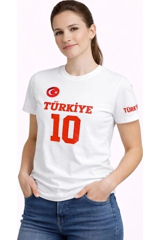 Freedom Storee Kadın Türkiye Ay Yıldız Baskılı 10 Numara Forma Tişört Taraftar T-shirt - Beyaz Çok Renkli