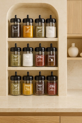 Kitchen Life Kapağı Kendinden Kaşıklı ve Gold Etiketli Cam Baharatlık Seti 12'li 300 ML Siyah - Şeffaf