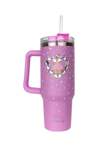 Pipetli 1,2 Litre Kulplu Çelik Termos Renkli Üzeri Taş İşlemeli - Lila Lila