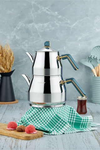 Everest 18/10 Paslanmaz Çelik Aile Boy Çaydanlık 1,40 L Demlik 2,75 L Alt Hazne Yeşil