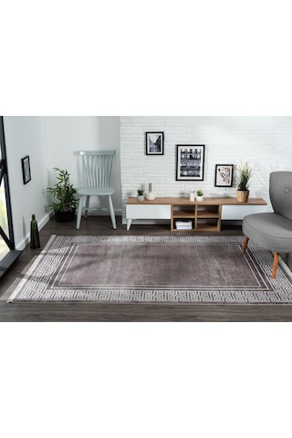 Trend 2809 Gri Halı Krem Kenar Çerçeveli Modern Ince Yumuşak Akrilik Tozuaz Salon Halısı Koridor-942 Gri