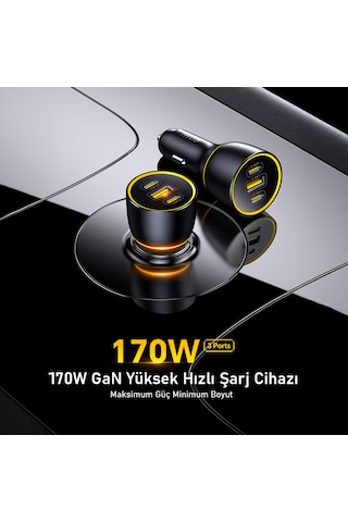 Aohi Araç İçi 3 Portlu 170w Şarj Cihazı, 140w Led Ekranlı Naylon Örgülü Süper Hızlı Şarj Kablosu