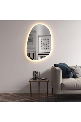 70x101 Cm Asimetrik Oval Led Banyo Aynası Dokunmatik Dim Edilebilir, 3000k Günışığı Sarı