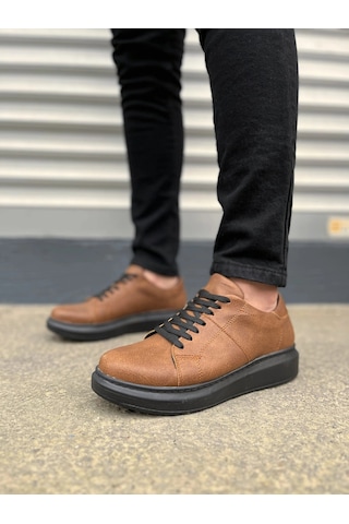 Mevese Tsoob Bağcıklı Cilt Erkek Günlük Rahat Taban Sneaker Ayakkabı - Taba Siyah