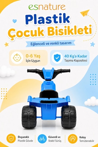 Esnature Plastik Çocuk Bisikleti 3 Tekerlekli Pedallı Mavi 0-6 Yaş 40 Kg Taşıma Kapasiteli Çok Renkli