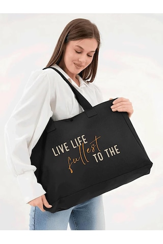 Çınar Bez Çanta Siyah 3 Çıtlı Live Life Baskılı Büyük Boy Kanvas Çanta - Standart