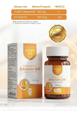 Koenzim Q10 Ve Vitamin K2 Kombinasyonu - 100 Mg Coq10 + 100 Mcg Mk-7 Menakinon, Bitkisel Vegan Kapsül, Helal Sertifikal