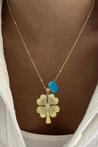 Sarı Altın Renk Top Zincirli Boncuklu Yonca Kolye Bbk56 Sarı