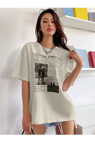 Flood Of Style Kadın Bej 1997 Baskılı Bisiklet Yaka Tshirt