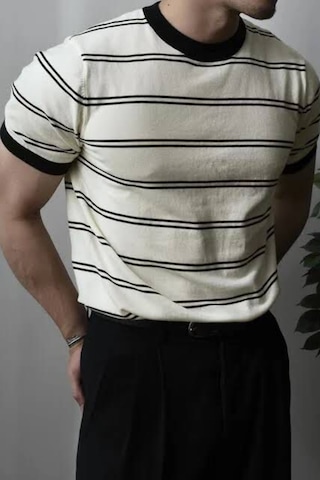 Tarz Cool Erkek Çizgi Detaylı Slim Fit Bisiklet Yaka Triko T-shirt Beyaz