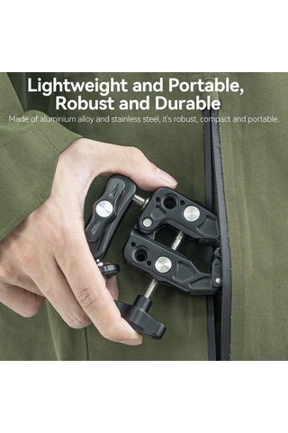 Ranyeek Alüminyum Çift Toplu 360 Döner Kancalı Tutucu - 2kg Yük, 11-65mm Mesafe, 1/4" & 3/8" Vida - Telefon, Spor Kamera, Monitör Uyumlu