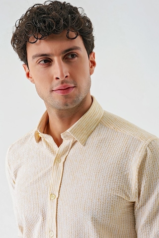 İmza Hardal Uzun Kollu Çizgili Biritli Yaka Pamuklu Likralı Casual Slim Fit Dar Kesim Gömlek 1004240233-hardal Hardal