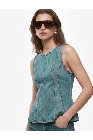 Koton Pamuklu Bisiklet Yaka Fermuarlı Nervürlü Kolsuz Denim Bluz Ovd 6sal30031md