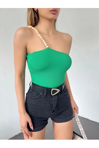 Saklımoda Ahşap Boncuk Detaylı Askılı Triko Bluz Yeşil - Df2303 Çok Renkli