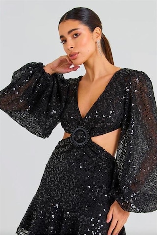 Kadın İthal Payet Kumaş Toka Detaylı Abiye Elbise Dpnbemp2584 Siyah