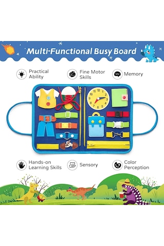 Montessori Keçe Eğitim Çantası Busy Board- Mavi Dinazor 8 Sayfa