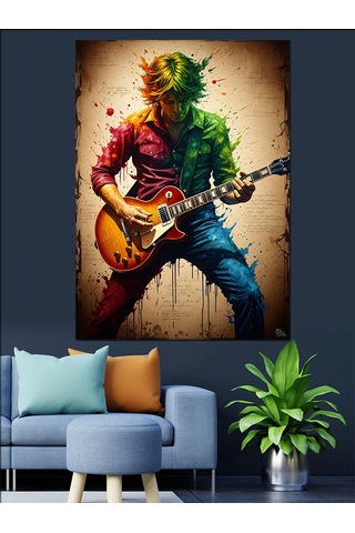 Ahşap Tablo Gitar Çalan Renkli Modern Sanatçı