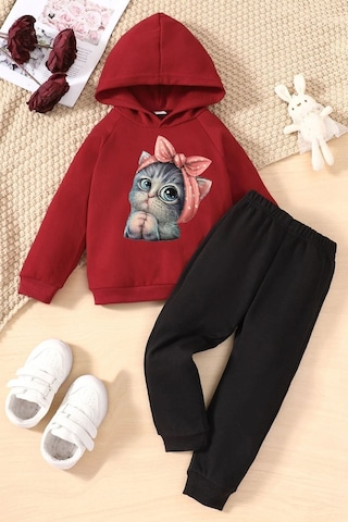 Uyguntarz Çocuk Sevimli Kedi Eşofman Takımı Kırmızı Sweat Siyah Alt Eşofman