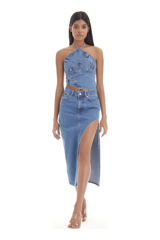 it's basic Kadın Mavi Kot Rengi Rosa Yandan Derin Yırtmaç Detaylı Uzun Denim Etek