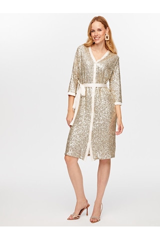 Payet İşli V Yaka 3/4 Kol Abiye Gömlek Elbise W26aby009 Uw26aby00934 Bej