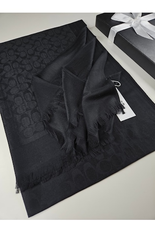 Miorel Scarfs C Desen Çift Taraflı Kaşmir İpek Şal 4 Mevsim Pamuk Şal Siyah