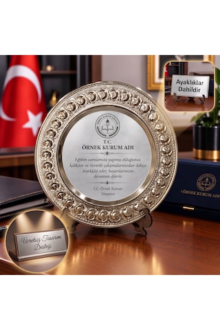 Plaket Metal Tabak Gül Desenli Tayin Anı Başarı Ödül Hediyesi Kişiye Özel Baskılı Teşekkür Plaketi Büyük Boy 25 Cm Gümüş
