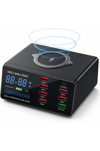 8 Portlu 7 Usb + Type-c Pd Çoklu Şarj İstasyonu Kablosuz + Kablolu Şarj Bir Arada