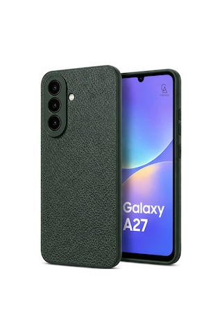 Samsung Galaxy A27 Uyumlu Deri Dokulu Silikon Telefon Kılıfı Ve Şeffaf Temperli Cam Ekran Koruyucu Koyu Yeşil