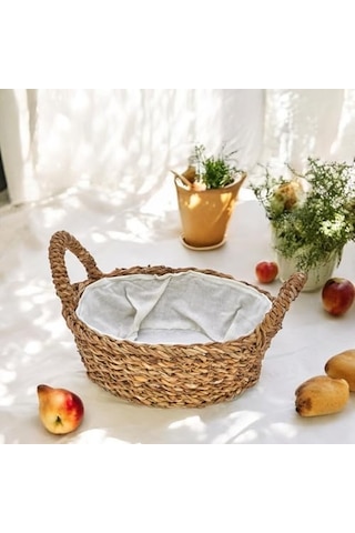 El Yapımı Doğal Hasır Kulplu Çok Amaçlı Dekoratif Yuvarlak Sepet, Hasır Kulplu Ekmek Sepeti 27x8cm Çok Renkli