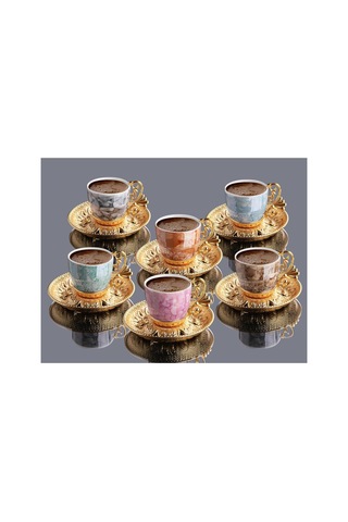 Renkli Mermer Tasarım Lüks Gold Rengi Kahve Takımı Sarı