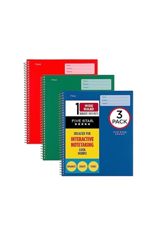 Five Star İnteraktif Not Alma Spiral Defter 3'lü Paket, 1 Konu, Geniş Çizgili, 28x22cm, 100 Yaprak, Orman Yeşili, A Çok Renkli