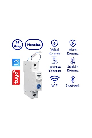 Tomzn Akıllı Voltaj Ve Akım Koruma Rölesi, Sıcaklık Korumalı Wifi Smartlife Tuya 63a - Tek Kutup