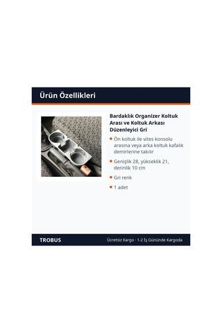 Trobus Bardaklık Organizer Koltuk Arası Ve Koltuk Arkası Düzenleyici Gri