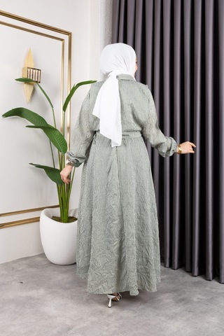 Hira Life Fashion Kadın Mint Tesettür Giyim Gömlek Detaylı Çizgili Viskon Kıraş Elbise Ikili Takım Mint Mint