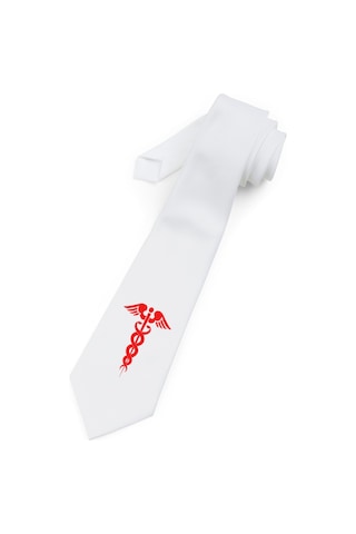 Baskıbazar Since Kırmızı Tıp Logosu Baskılı Saten Lüks Kıravat Baskıbazar Beyaz