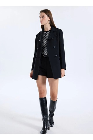 Sisley Viskoz Karışımlı Düğmeli Kruvaze Slim Fit Kaban Kadın Siyah Kaban - 325a2oualn05z