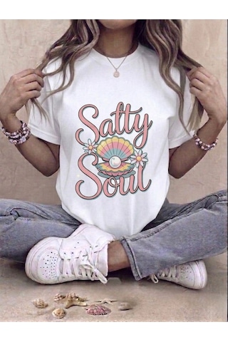 Retro İstiridye Ve İnci Baskılı Kompakt T-shirt Beyaz