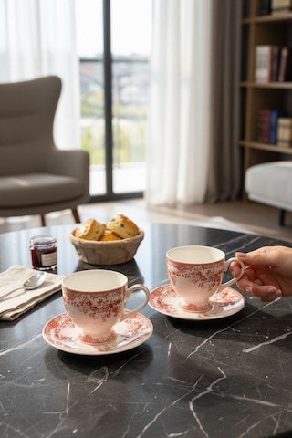 2 Kişilik Vintage Red Kahve Fincanı-5885 Kırmızı