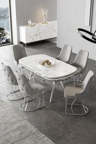 Canisa Epal Serisi 90x168 Lak Panel Beyaz Mermer Desen Masa Takımı Krom Ayaklı 6 Gri Sandalye Masa Beyaz Mermer Desen Sandalye Gri
