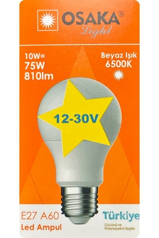 1 Adet Osaka 12volt 10w 75w Beyaz Işık 6500k E27 Duylu Kalın Duy Led Ampul