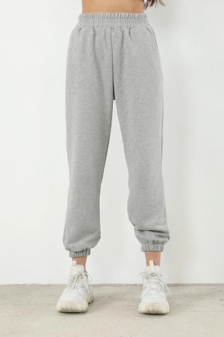 Düz Basic Eşofman Altı Jogger - Gri Lastik Paça Yüksel Bel Gri