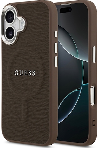 Apple Uyumlu iPhone 17 Kılıf Guess Lisanslı M-safe Özellikli Klasik Yazı Logolu Pu Deri Kapak Kahverengi Kahverengi