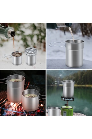 Ranyeek 2'li Yığılabilir Kamp Kupa Seti 304 Paslanmaz Çelik Çift Eldivenli Taşınabilir Depolama Çantası İle Piknik, Doğa Turları İçin Gümüş