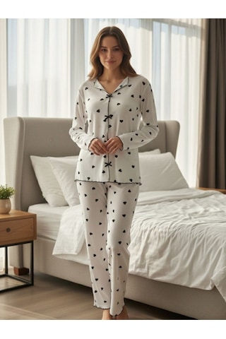 Kadın Kalp Desenli Kurdele Detaylı 2'li Pijama Takım Siyah