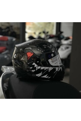 Sway 820 Full Face Aynalı Vizör Kapalı Motosiklet Kaskı M Beden Monster Model Gri - Kırmızı