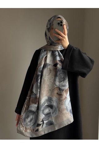 Qalortex Scarf Pamuklu Rose Desen Şal-gri/vizon Gri-vizon